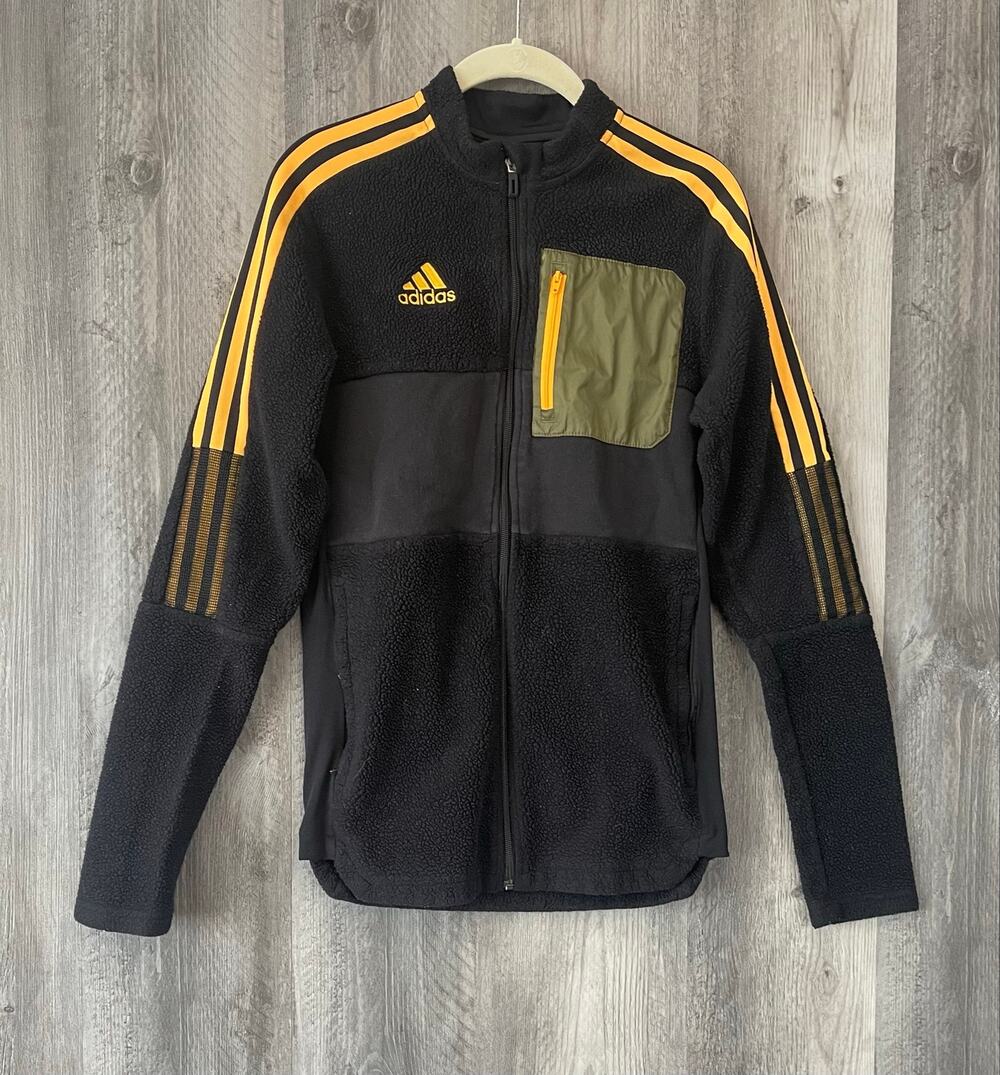 Adidas Mens S Sherpa Fleece Jacket Black Orange 3 Stripe Full Zip Outdoor